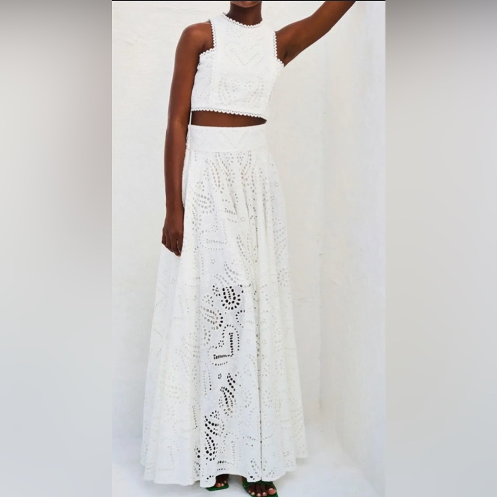 Elegant White Eyelet Maxi Skirt and Top